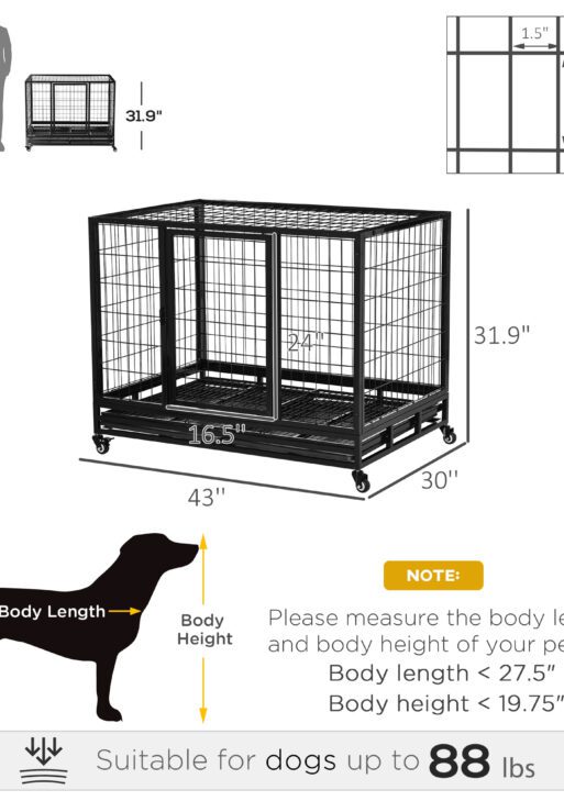 43" Heavy Duty Dog Crate with Removable Tray, Lockable Wheels and Double Door, for Large and Extra Large Dogs, Black