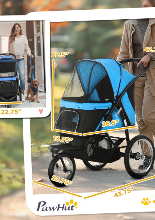 3 Wheels Pet Stroller for Small Dogs and Medium Dogs with Adjustable Canopy, Safety Tether, Storage Basket, Blue