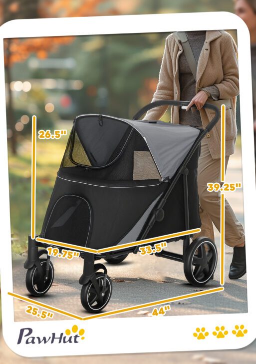 Dog Stroller for Large Medium Small Dogs up to 66 Lbs. 23.5" in Body Length, One-Click Foldable Pet Cat Stroller with Storage, Shock Absorption Wheels, Mesh Window, Safety Leash, Gray