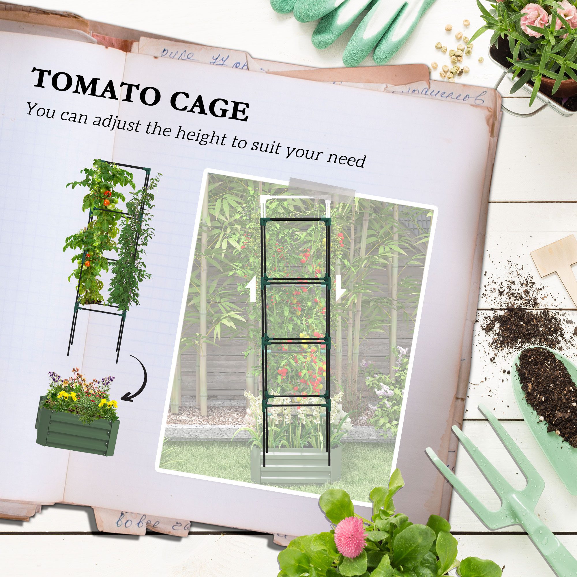 Galvanized Planter Box, 24" x 24" x 73.5" Raised Garden Bed with Tomato Cage for Climbing Vines, Green - Image 2
