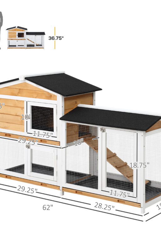 62" Rabbit Hutch, Wooden Bunny Hutch, Guinea Pig Cage, Small Animal Enclosure with Run Area, Removable Tray, Asphalt Roof, Lockable Doors and Ramp, for Rabbits, Chickens, Ducks, Nature Wood