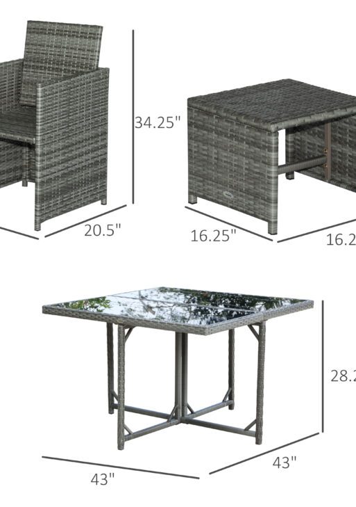 9 Piece Outdoor Rattan Wicker Dining Table and Chairs Furniture Set Space Saving Wicker Chairs w/ Cushions - Gray