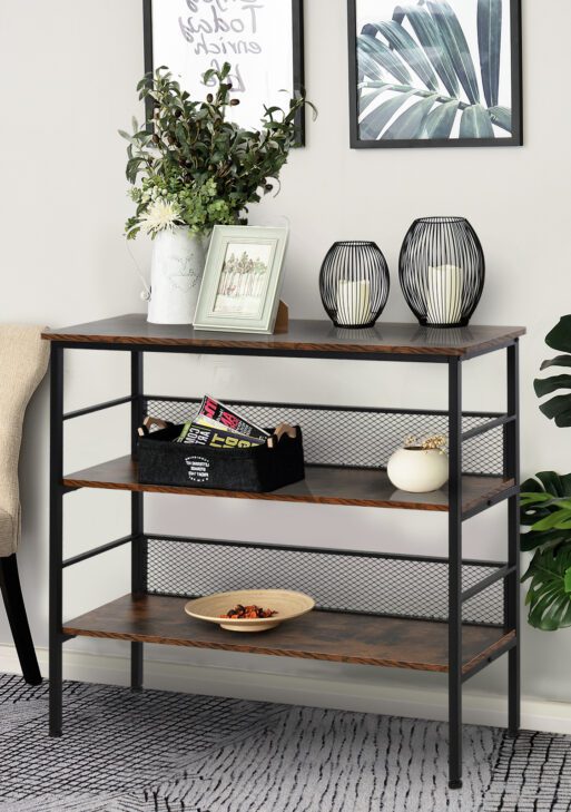 3-Tier Console Table Industrial Style Storage Metal Wooden Shelf with a Robust Multi-Functional Design & Adjustable Feet, Black