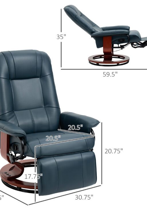 Faux Leather Manual Recliner, Adjustable Swivel Lounge Chair with Footrest, Armrest and Wrapped Wood Base for Living Room, Blue