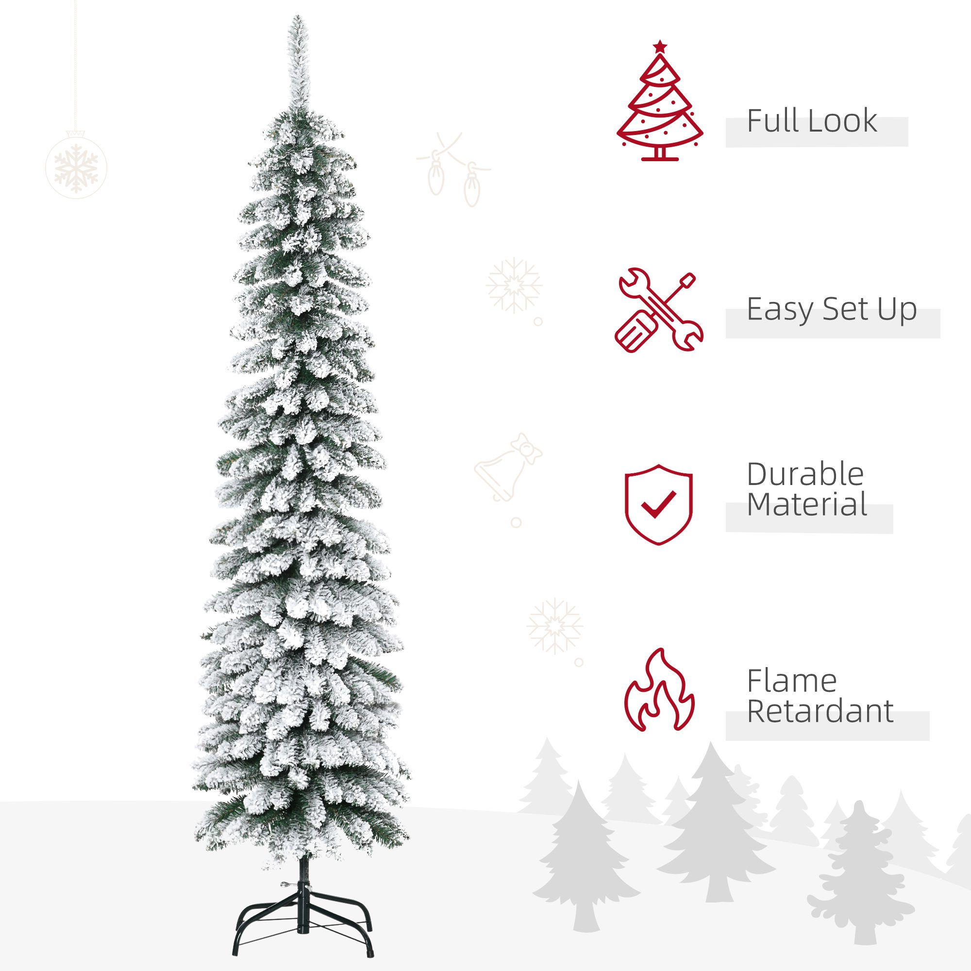 6' Tall Unlit Slim Pencil Xmas Tree, Snow Flocked Artificial Christmas Tree with Realistic Branches and 603 Tips, Green - Image 2