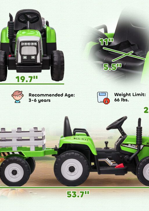 12V Ride on Tractor with Trailer, 25W Dual Motors, Battery Powered Electric Tractor with Remote Control, Music Startup Sound and Horn, LED Lights, Green