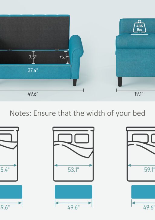 50 Inches Storage Ottoman, End of Bed Bench with Rolled Arms, Wood Legs, Button Tufted Storage Bench, Teal