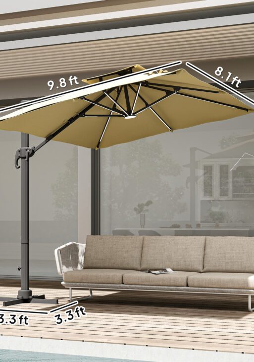 10ft. Solar LED Cantilever Umbrella, Offset Hanging Umbrella with 360°Rotation, Cross Base, 8 Ribs, Tilt and Crank for Yard, Khaki