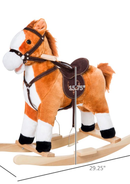 Qaba Kids Plush Toy Rocking Horse, Wooden Ride-on Chair, Plush Animal Rocker with Realistic Sounds and Moving Tail for Toddlers, Brown