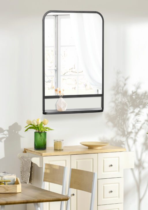 34" x 21" Rectangle Modern Wall Mirror with Storage Shelf, Mirrors for Wall in Living Room, Bedroom, Black