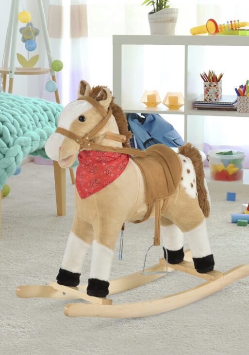 Qaba Kids Plush Ride-On Rocking Horse Toy Cowboy Rocker with Fun Realistic Sounds for Child 3-6 Years Old, Beige