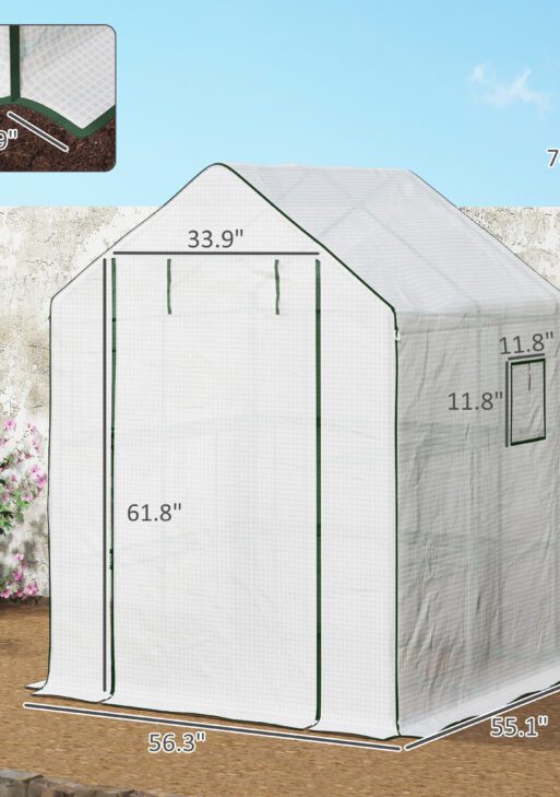 4.6' x 4.7' Portable Greenhouse, Water/UV Resistant Walk-In Small Outdoor Green House with 2 Tier U-Shaped Flower Rack Shelves, Roll Up Door & Windows, White