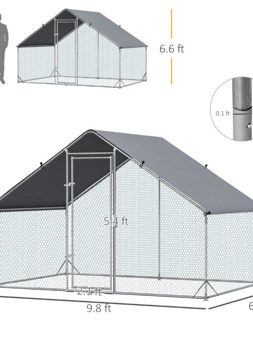 Large Chicken Coop Metal Chicken Run with Waterproof and Anti-UV Cover, Spire Shaped Walk in Fence Cage Hen House for Outdoor and Yard Farm Use, 1" Tube Diameter, 9.8' x 6.6' x 6.6'