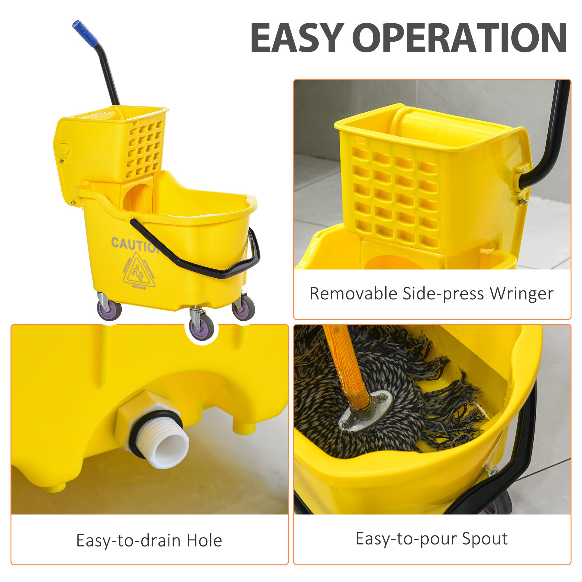 Mop Bucket Cart with Side Press Wringer, Metal Handle and 34 Quart Capacity, Yellow - Image 2