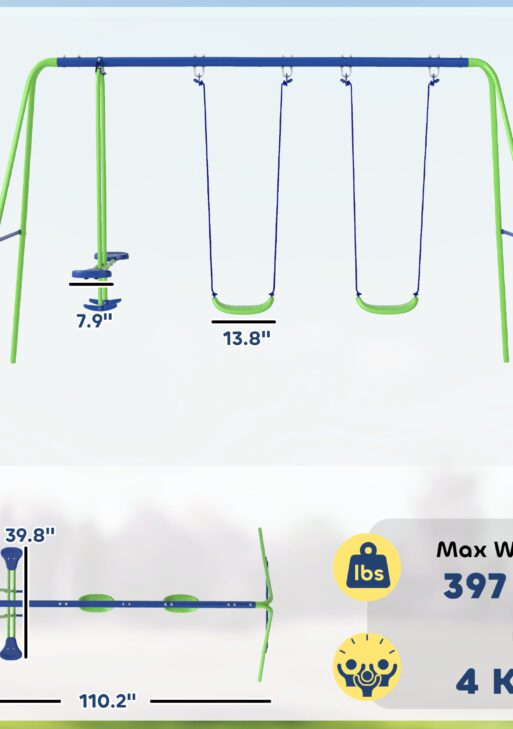 Metal Swing Set with Glider, Two Swing Seats and Adjustable Height, Outdoor Heavy Duty A-Frame Suitable for Playground, Backyard, Green