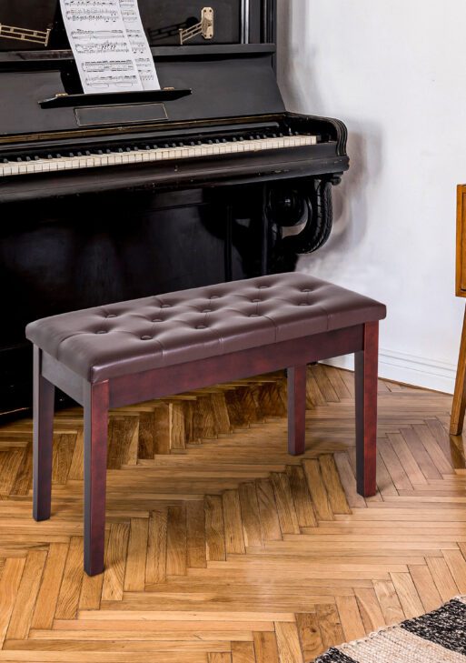 Piano Bench, Duet Piano Chair with Faux Leather Padded Cushion and Wooden Frame, Button Tufted Keyboard Bench, Brown