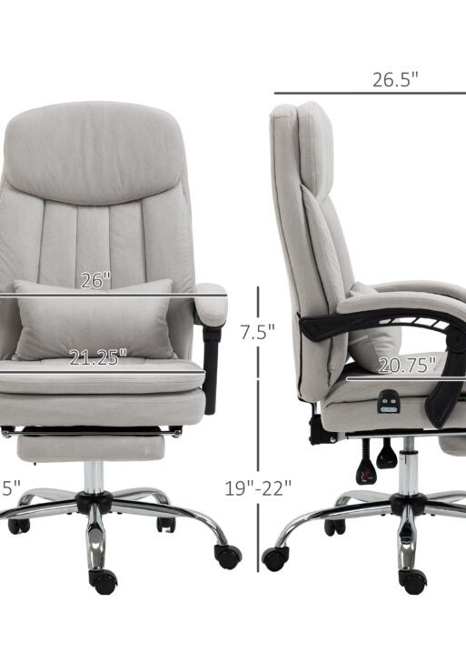 Executive Office Chair with Vibration Massage, Microfibre Swivel Desk Chair, Heated Reclining Computer Chair with Lumbar Support Pillow, Footrest, Light Gray