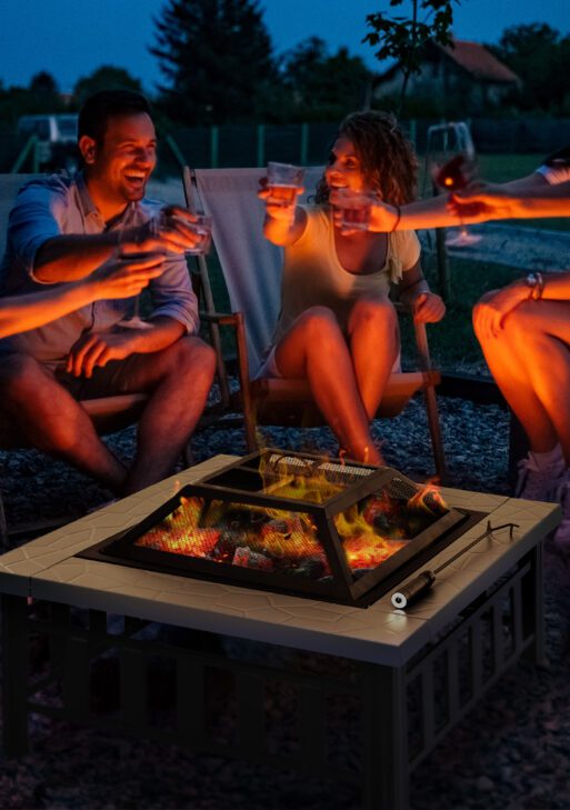 34" Outdoor Fire Pit Square Steel Wood Burning Firepit Bowl with Spark Screen, Waterproof Cover, Log Grate, Poker for Backyard, Camping, BBQ, Bonfire