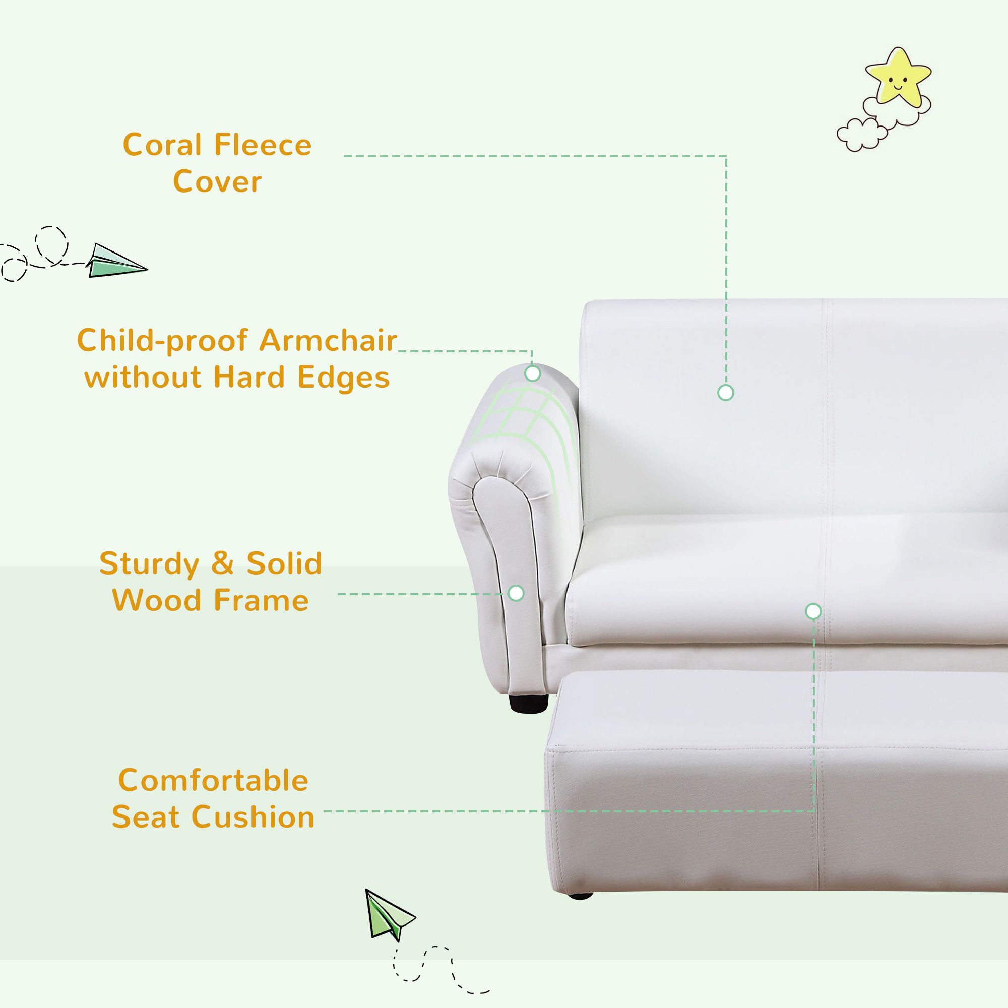 Kids Sofa Set with Footstool for Toddlers and Babies, White - Image 4