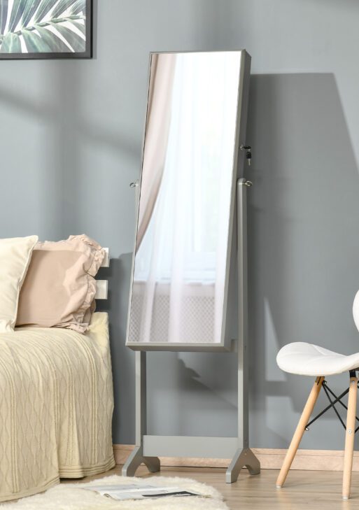 60" Full-Length Mirror Jewelry Storage Armoire w/ Lockable Door & Key, Gray