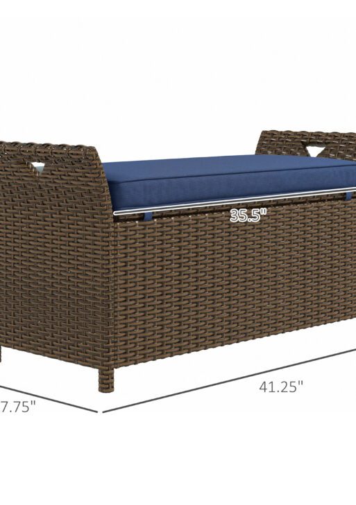 Outdoor Patio Wicker Storage Bench, 2-In-1 Rattan Patio Furniture, 29 Gal Storage Box w/ Cushion, Dark Blue