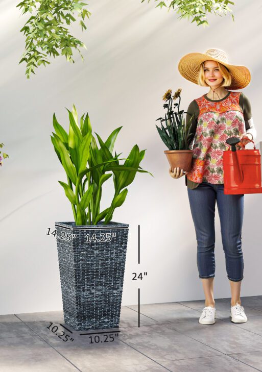 Tall Planters for Outdoor Plants Set of 3, 24 In Taper Planters with Drainage Holes, Rattan Decor Plant Pots for Indoor Outdoor Front Porch Patio Backyard, Gray