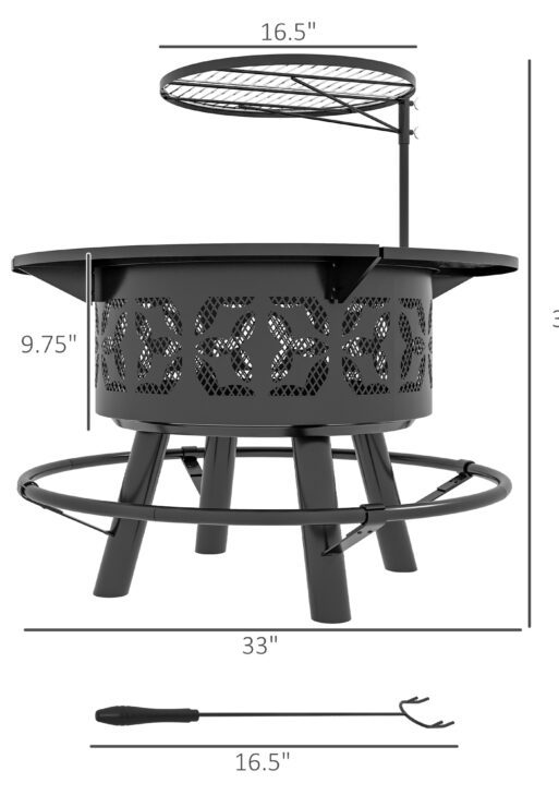 Wood Burning Fire Pit, Charcoal BBQ Grill, Portable Firepit with Cooking Grate, Pan, and Poker, 33", Black