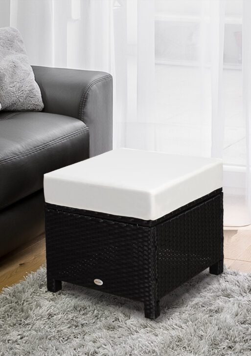 20" Patio Wicker Ottoman, Multipurpose Outdoor PE Rattan Footrest, Additional Seating, Side Table with Soft Cushion, Black, Cream White