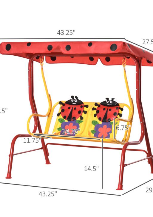Porch Swing for Kids with Adjustable Canopy to Block Sun at Angles, Kids Swing Chair with Seatbelts, Ladybug Pattern, Gift for Kids Ages 3-6, Red