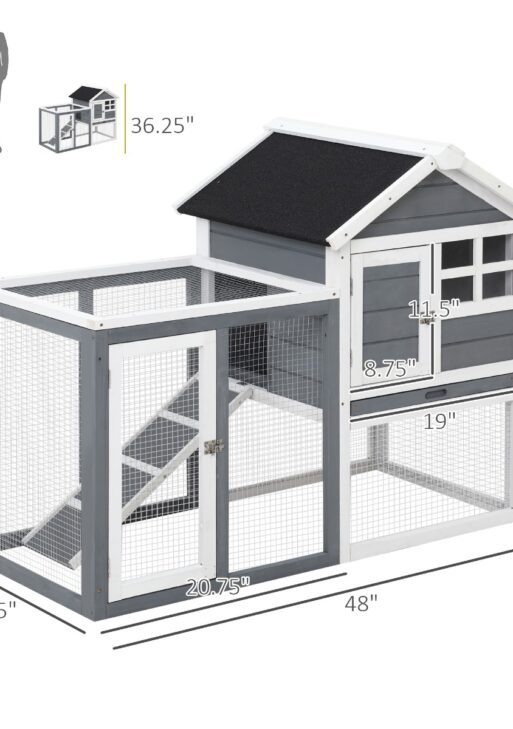 Indoor Rabbit Enclosure, 48" Weatherproof Wooden Rabbit Hutch, with Slanted Asphalt Roof & Fun Outdoor Run for Bunnies & Ferrets - Gray