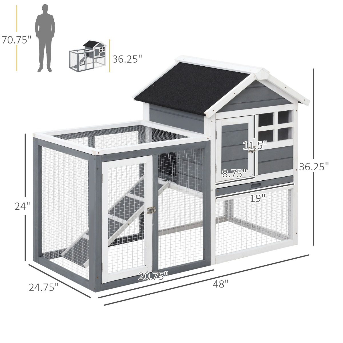 Indoor Rabbit Enclosure, 48" Weatherproof Wooden Rabbit Hutch, with Slanted Asphalt Roof & Fun Outdoor Run for Bunnies & Ferrets - Gray - Image 1