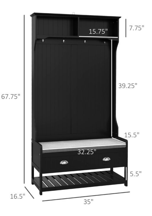 3-in-1 Hall Tree, Entryway Bench with Coat Rack, Mudroom Bench with Shoe Rack, 2 Storage Drawers, 4 Hooks and Padded Seat Cushions for Hallway, Black