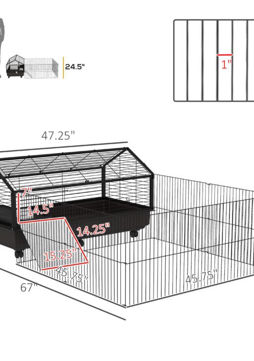 Small Animal Playpen Cage with Rolling Caster, Water Bottle 46.5"