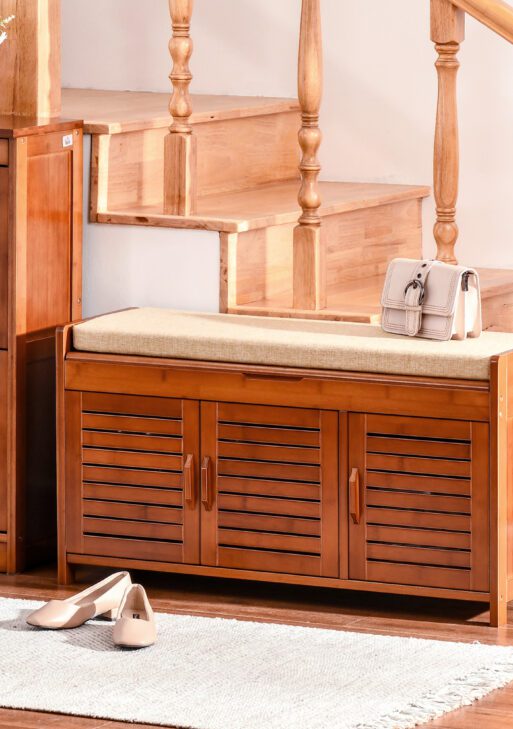 Shoe Bench with Storage Cabinets, Bamboo Entryway Bench with Seating Cushion, 3 Doors and Hidden Compartment for Hallway, Dark Cherry