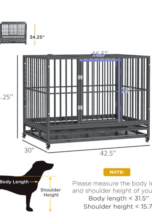 43" Heavy Duty Dog Crate Metal Cage Kennel with Lockable Wheels, Double Door and Removable Tray, Gray
