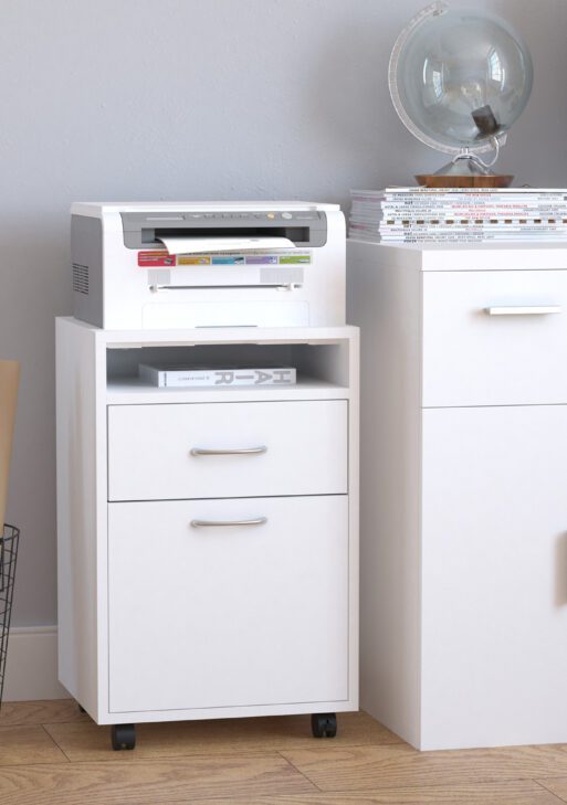 Mobile Storage Cabinet Organizer with Drawer and Cabinet, Printer Stand with Castors, White