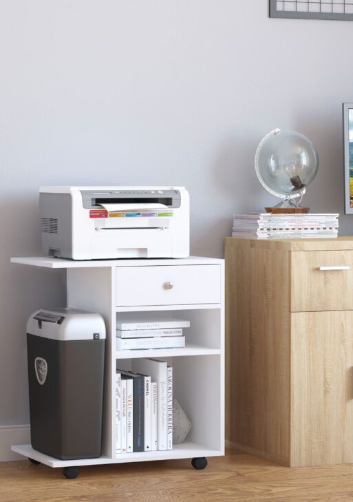 Mobile Printer Stand, Rolling File Cabinet Cart with Wheels, Adjustable Shelf, Drawer and CPU Stand, White