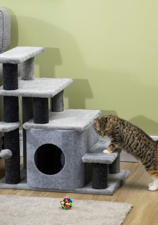 Adjustable Height 3 Step/4 Step Cat Stairs with Cat Scratching Post, Cat Condo, Toy Ball, for Bed, Sofa, Couch, Gray