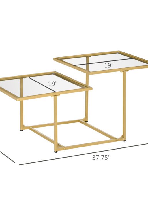 Coffee Table, Tempered Glass Coffee Table with 2 Square Tabletops, Modern Coffee Tables for Living Room, Bedroom, Gold