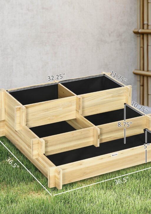 3 Tier Raised Garden Bed, Water Draining Fabric for Soil, Elevated Wood Flower Box for Vegetables, Herbs, Natural