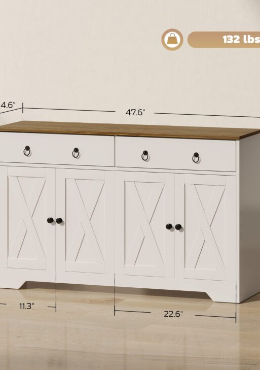 Kitchen Storage Sideboard, Farmhouse Buffet Cabinet with Barn Style Doors, Drawers, Adjustable Shelves, White
