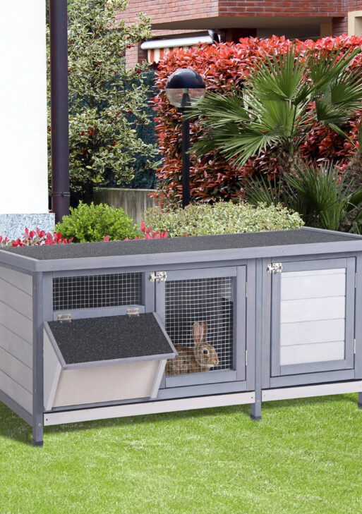 Wooden Rabbit Hutch Bunny Hutch Cage Guinea Pig with Waterproof Roof, No Leak Tray and Feeding Trough, for Rabbits, Chickens, Ducks, Indoor/Outdoor, Gray