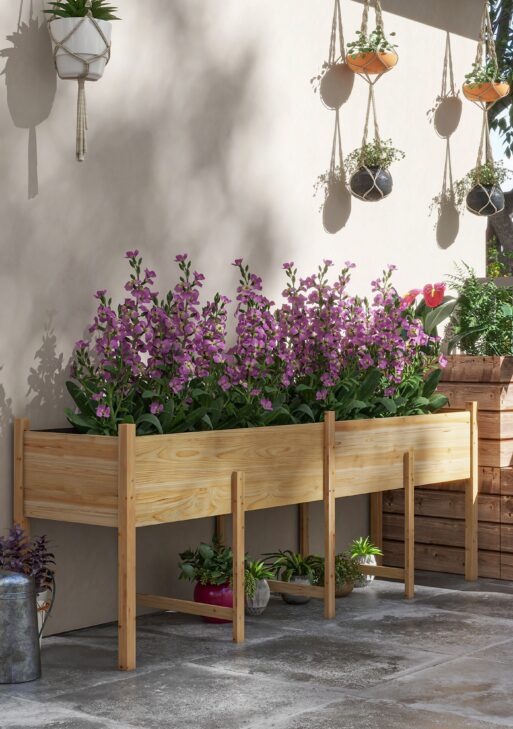 Wooden Raised Garden Bed, Large Elevated Planter Box with Legs, Bed Liner and Drain Holes, 7.4' x 1.8' x 2.6', Natural