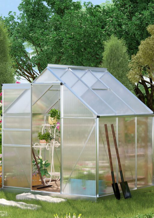 6' x 6' x 6.5' Polycarbonate Greenhouse with Aluminum Frame, Walk-in Heavy Duty Green House with Adjustable Roof Vent, Rain Gutter and Sliding Door for Winter, Silver