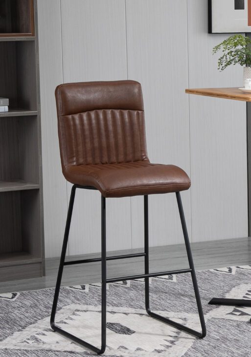 30" Industrial Bar Stool, PU Leather Barstool with Footrest, Upholstered Armless Pub Height Chair, Brown / Black