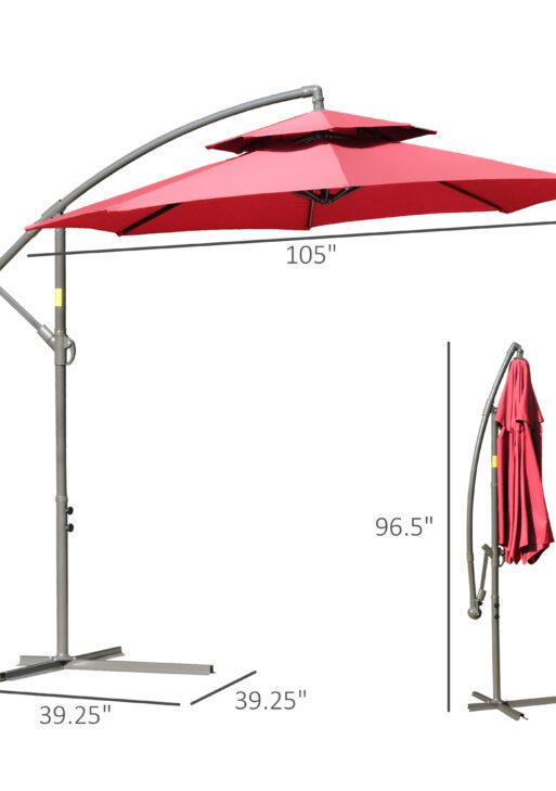 9' 2-Tier Cantilever Umbrella with Crank Handle, Cross Base and 8 Ribs, Garden Patio Offset Umbrella for Backyard, Poolside, and Lawn, Red
