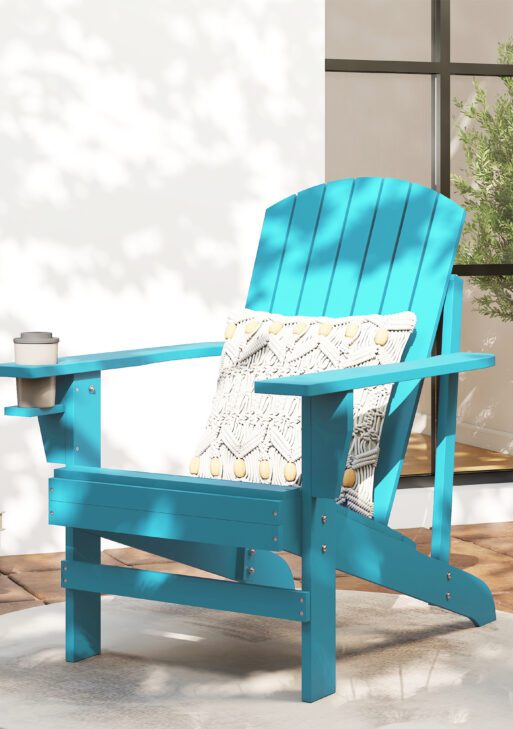 Oversized Adirondack Chair, Outdoor Fire Pit and Porch Seating, Classic Log Lounge w/ Built-in Cupholder, Sky Blue