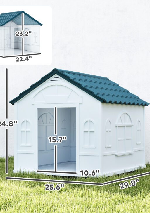Plastic Dog House for Medium and Small Dogs, Water Resistant Puppy Shelter Indoor Outdoor with Door, Easy to Assemble, Blue