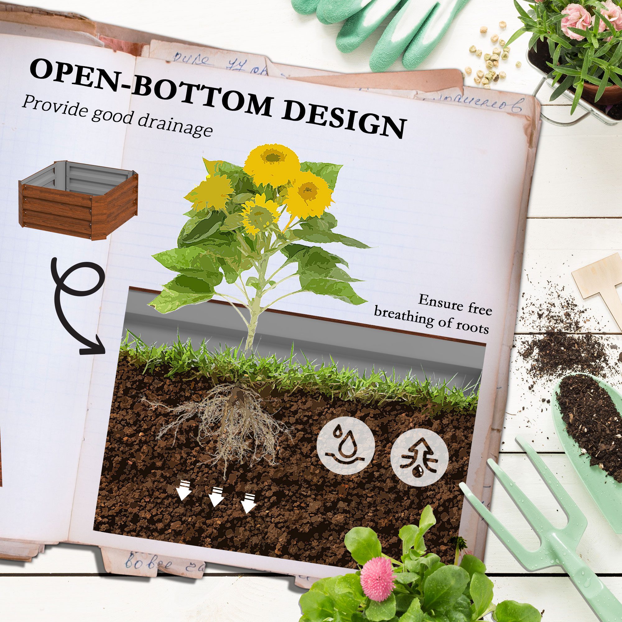 Galvanized Planter Box, 24" x 24" x 73.5" Raised Garden Bed with Tomato Cage for Climbing Vines, Brown - Image 3