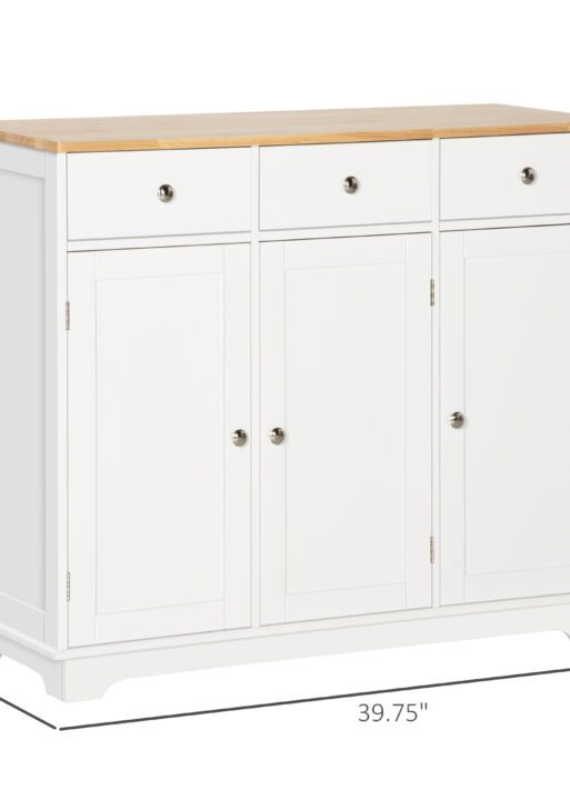 Modern Sideboard with Rubberwood Top, Buffet Cabinet with Storage Cabinets, Drawers and Adjustable Shelves, White